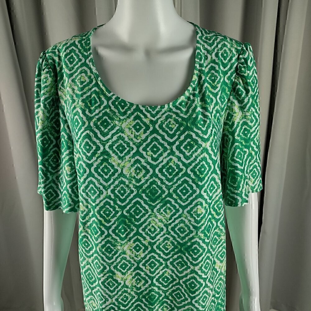Kim Rogers Green White Geometric Sheath Midi Dress Stretch Elbow Sleeve L - Picture 2 of 10